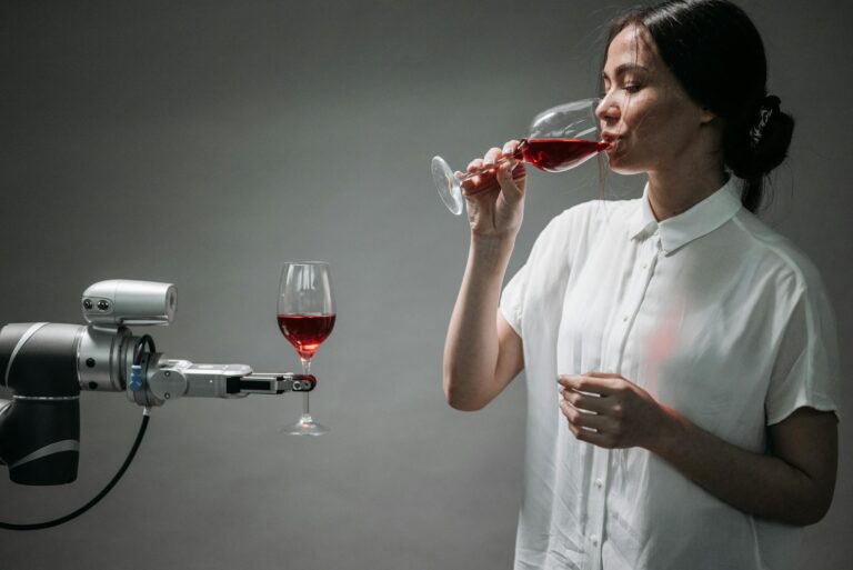 A woman in a white shirt drinking red wine interacts with a robot arm holding a wine glass.